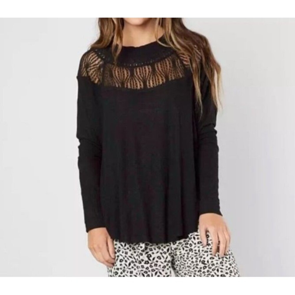 Free People Black Top Lace Long Sleeves XXS Oversized Waffle Knit Spring Valley